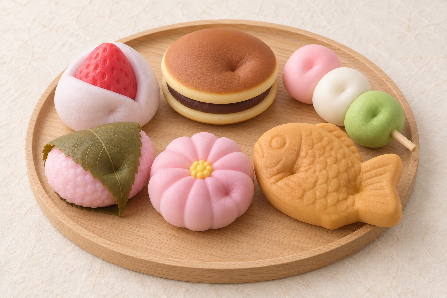 木の盆に並んだ六種の和菓子スクイーズ